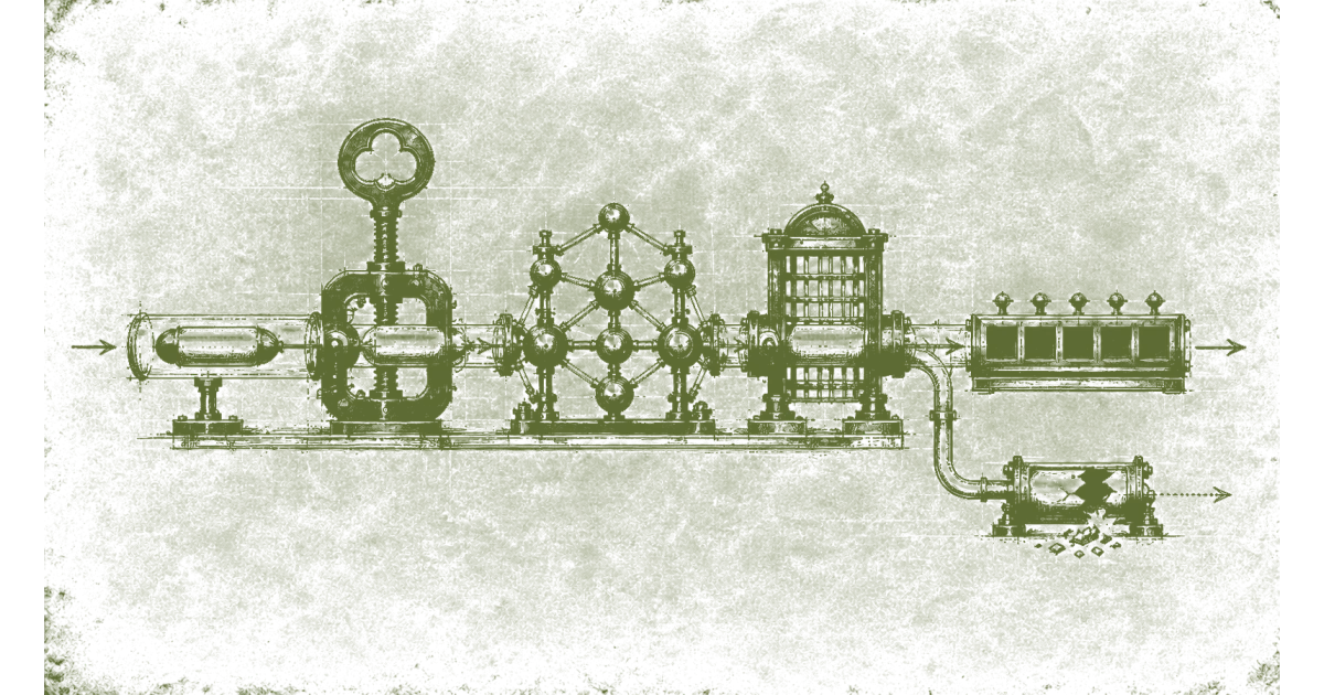 Ilustración panorámica a plumilla oliva de una cápsula que atraviesa una llave, nodos, una compuerta y un registro; una ruta lateral termina rota.