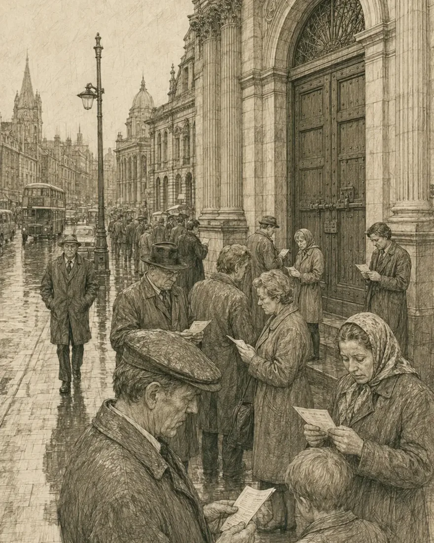 Grabado a plumilla de una calle de Dublín en 1970: un grupo de personas espera frente a las puertas cerradas de un banco.