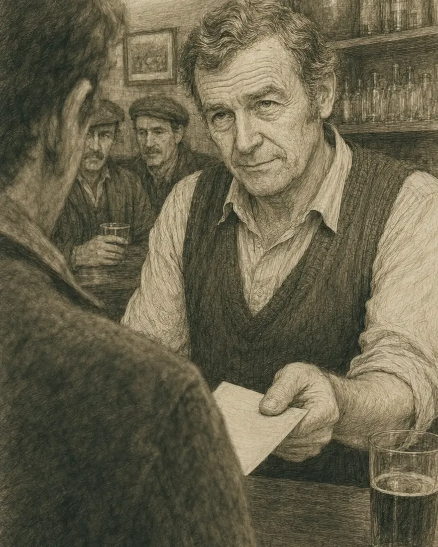 Grabado a plumilla del interior de un pub irlandés: el cantinero recibe un cheque por sobre la barra mientras dos parroquianos conversan al fondo.
